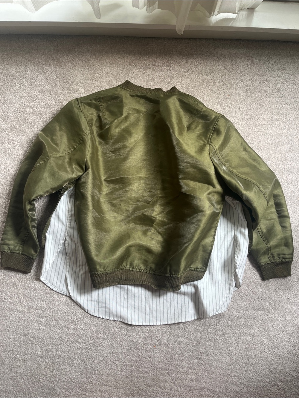 3.1 Phillip Lim Olive Satin Bomber Jacket+striped shirt lining - Picture 10 of 12